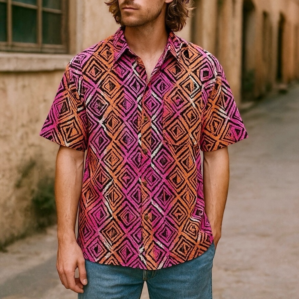 Vintage 90s Island Native Hawaiian Aztec Print Short Sleeve Button Up Shirt Neon